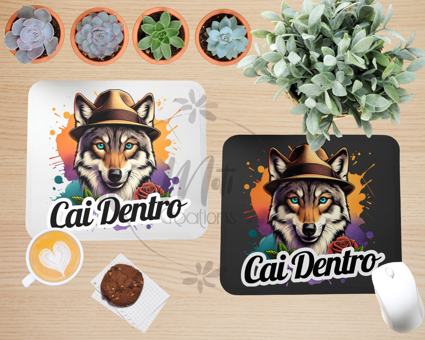 two place mats with a picture of a wolf wearing a hat