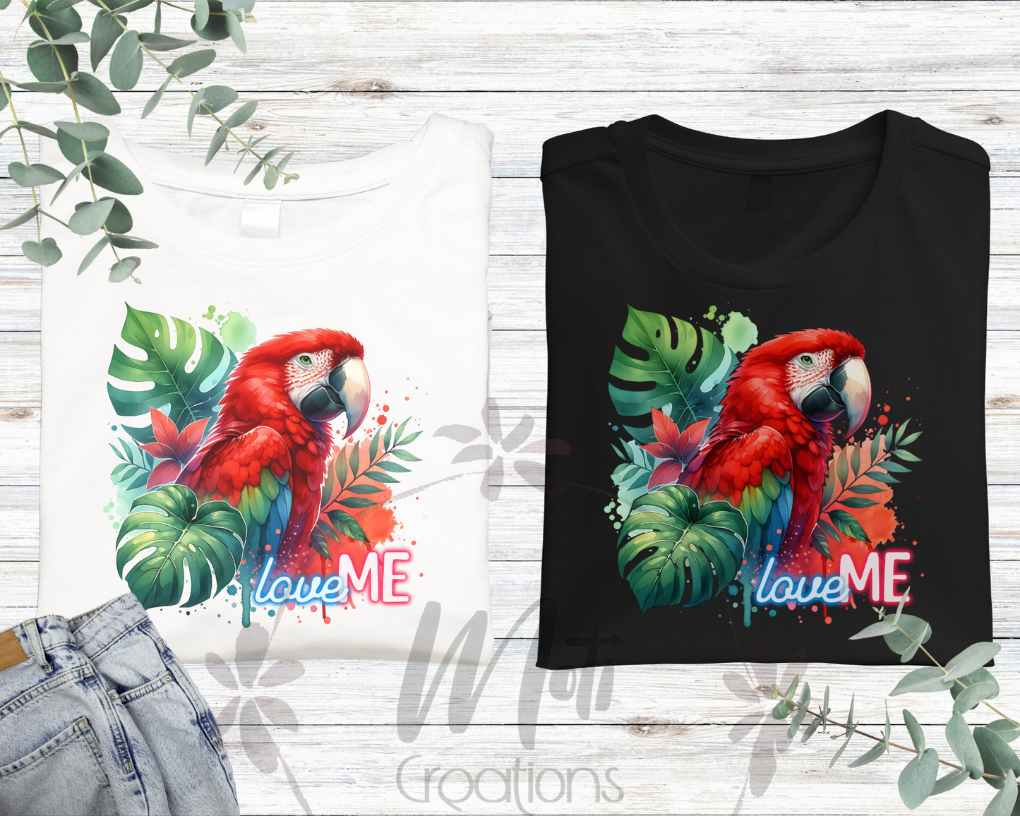 a pair of t - shirts with a parrot on them