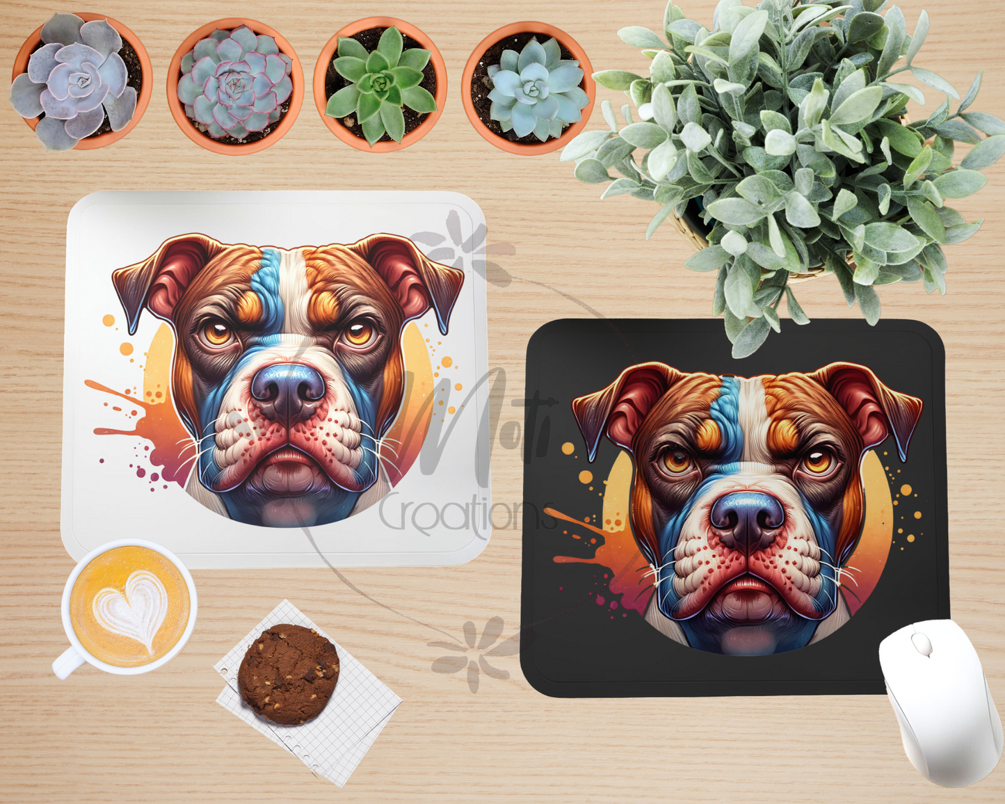 a picture of a dog on a placemat next to a potted plant