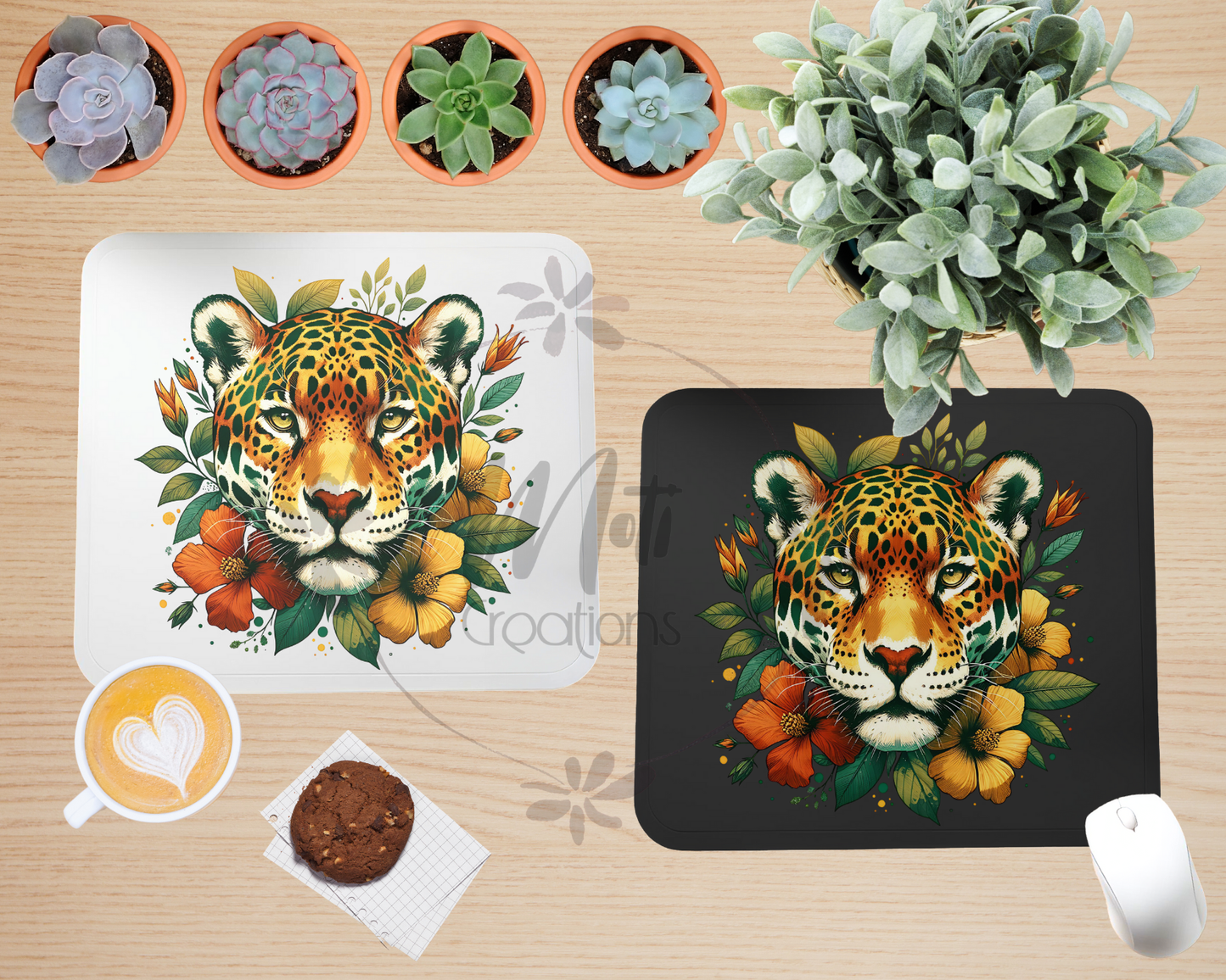 a picture of a tiger on a placemat next to a potted plant