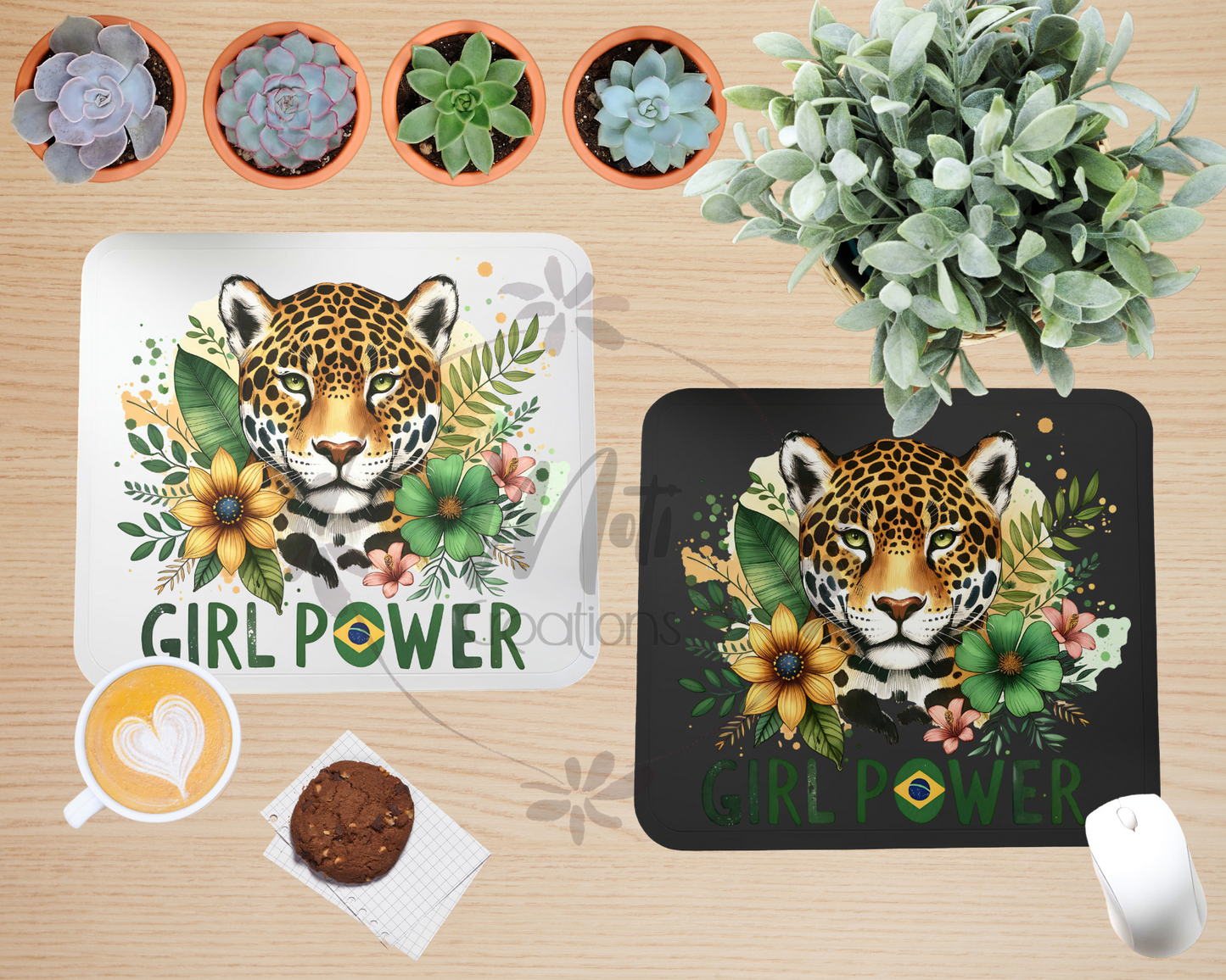 a picture of a tiger on a table with flowers and plants