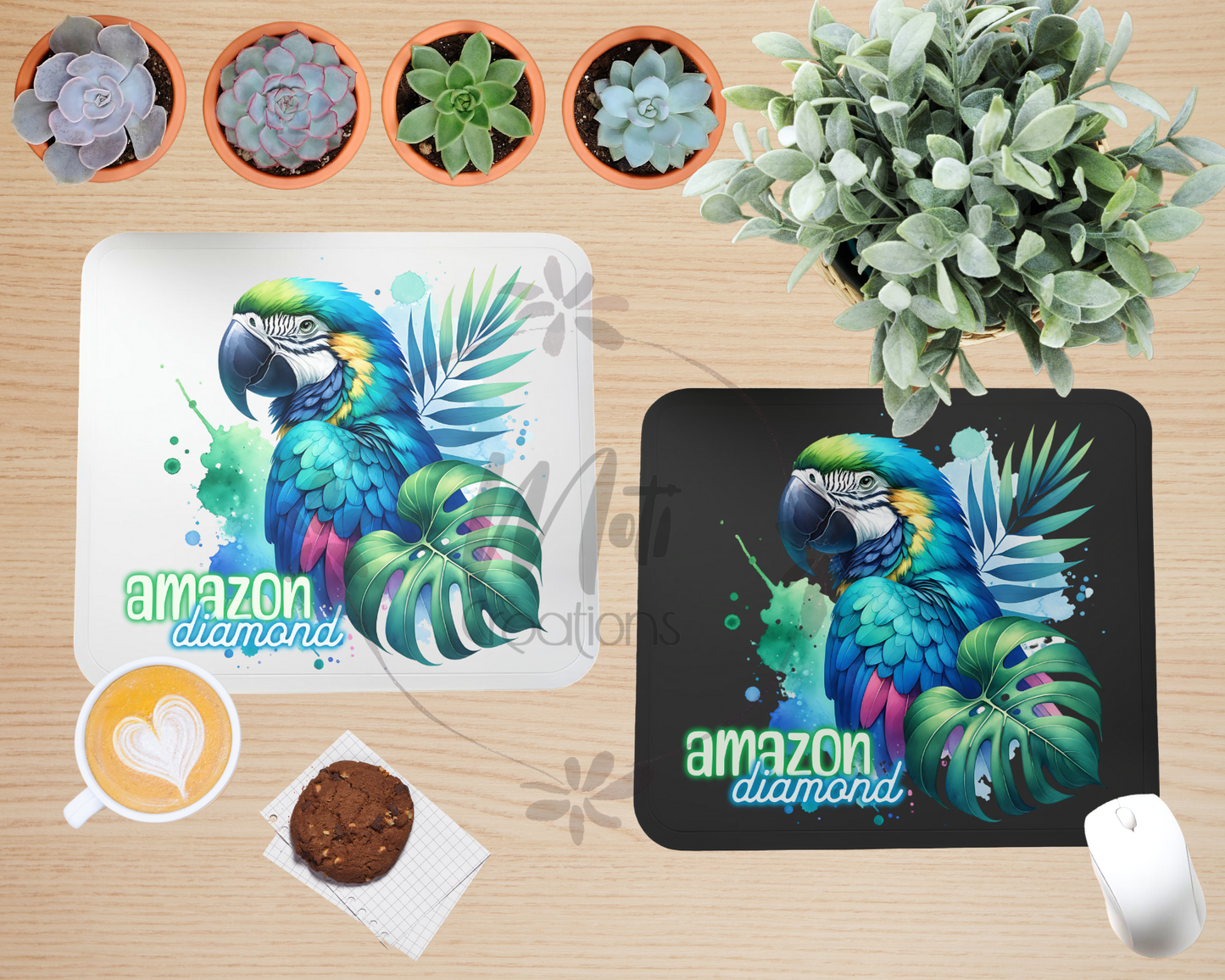 a computer mouse pad with a picture of a parrot on it