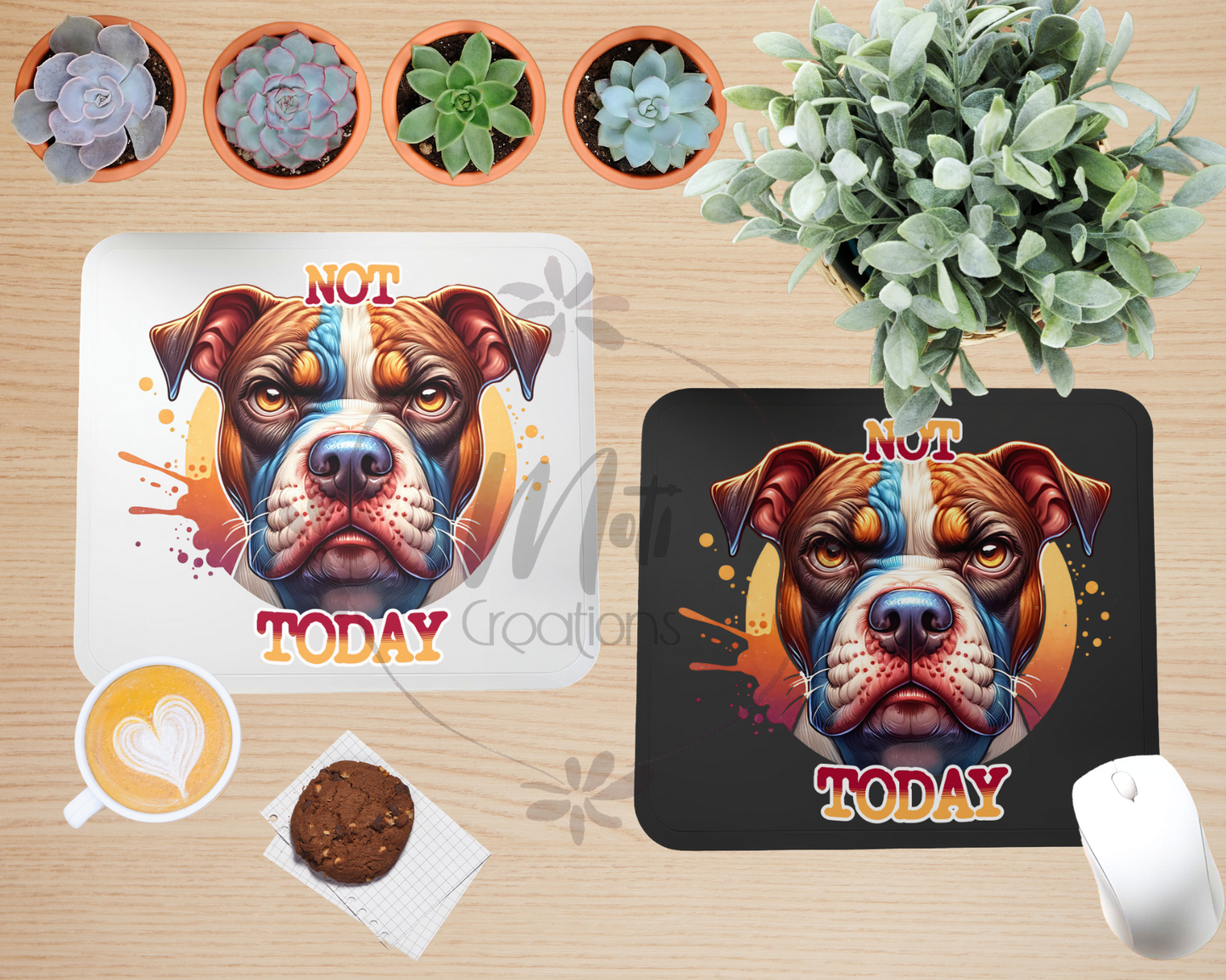 a picture of a dog on a placemat next to a potted plant