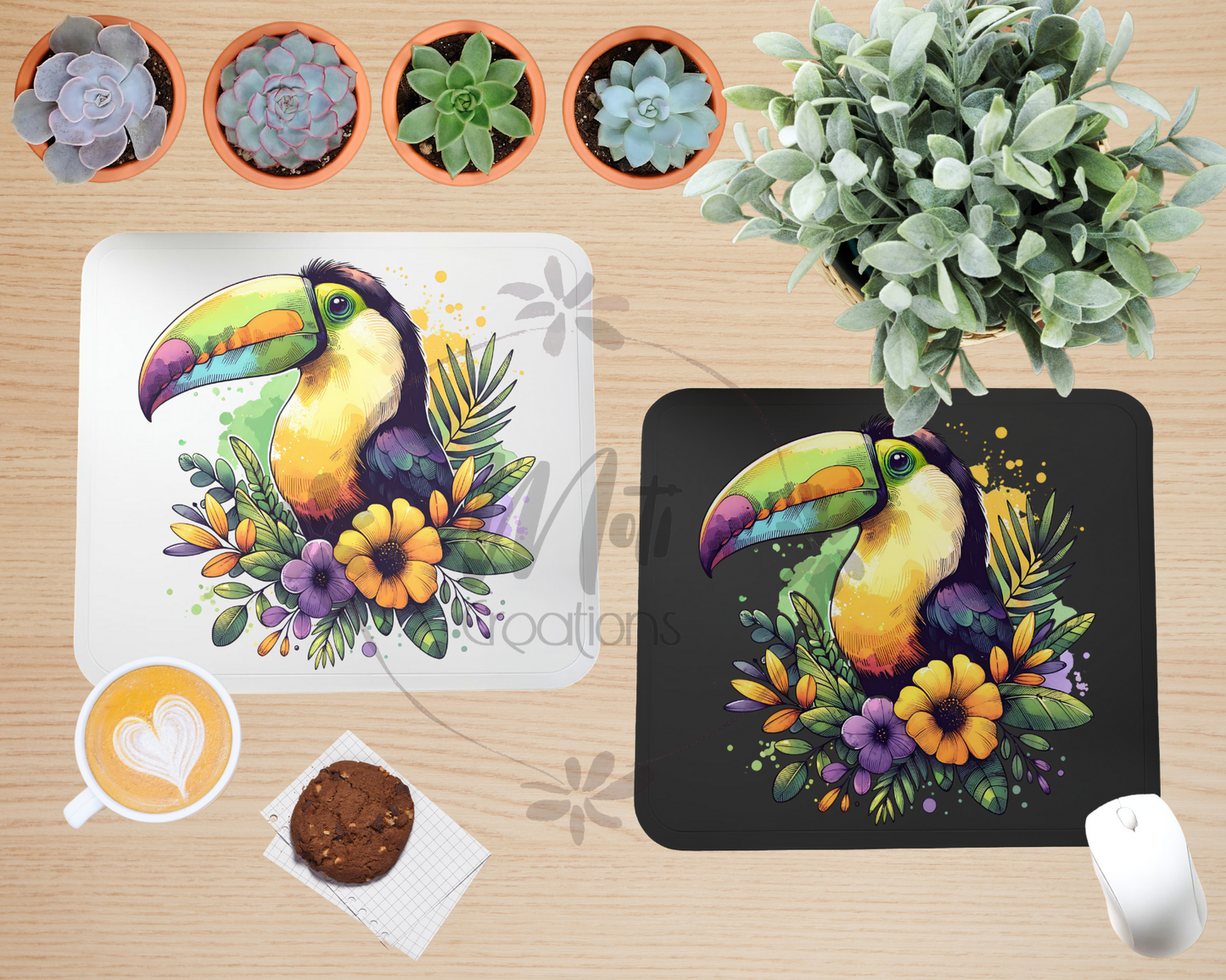 a picture of a toucan with flowers and plants