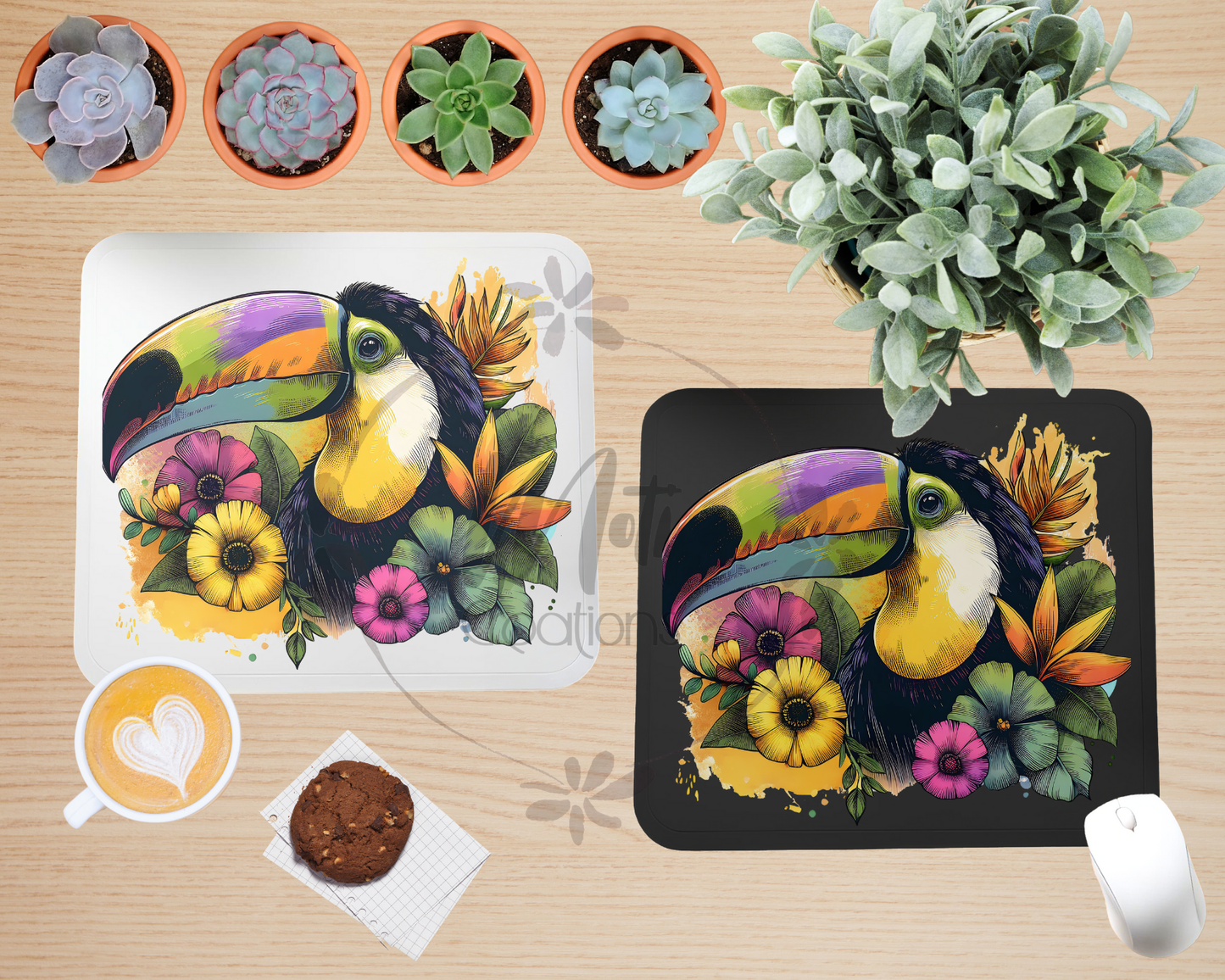a picture of a toucan and flowers on a table