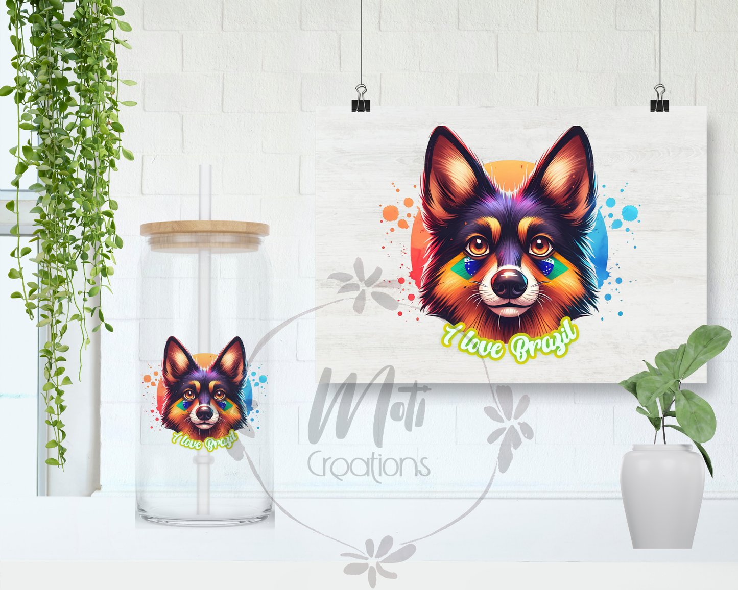 a painting of a dog on a wall next to a plant