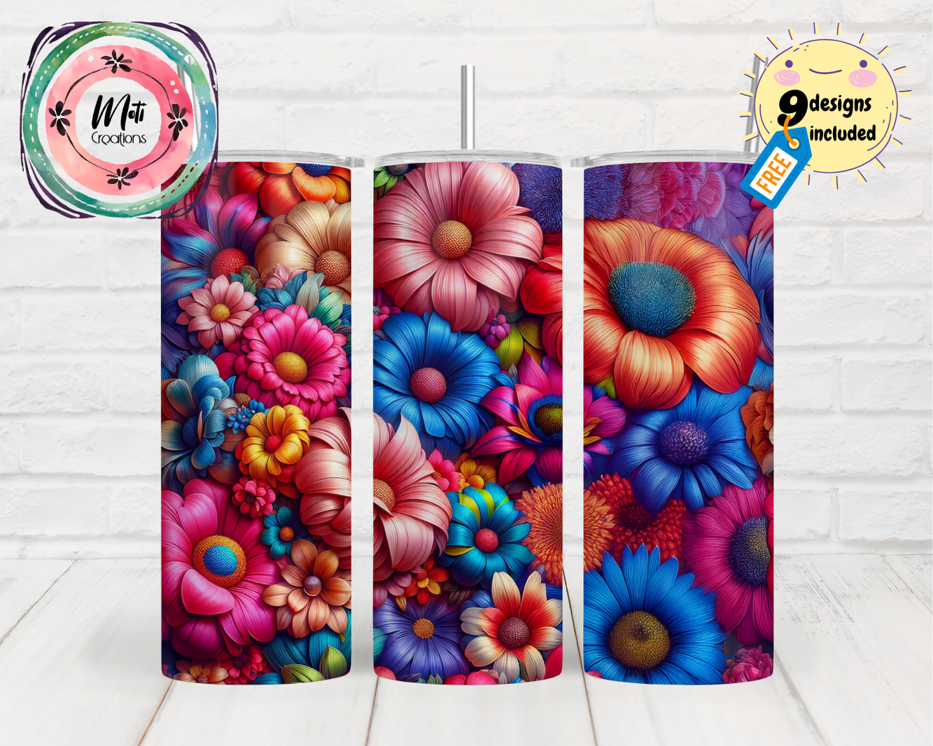 a set of three colorful flowers on a white brick wall