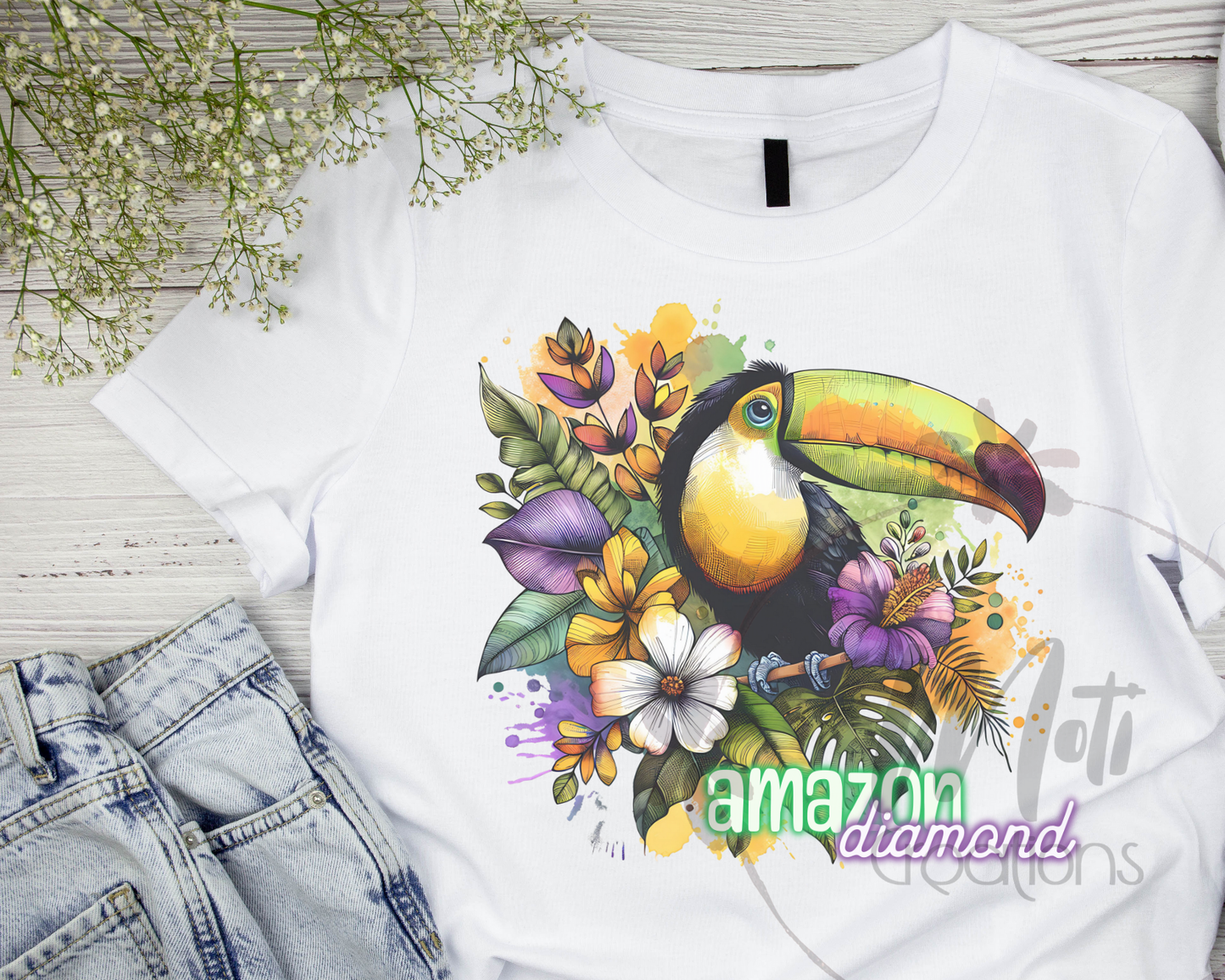 a white shirt with a toucan and flowers on it