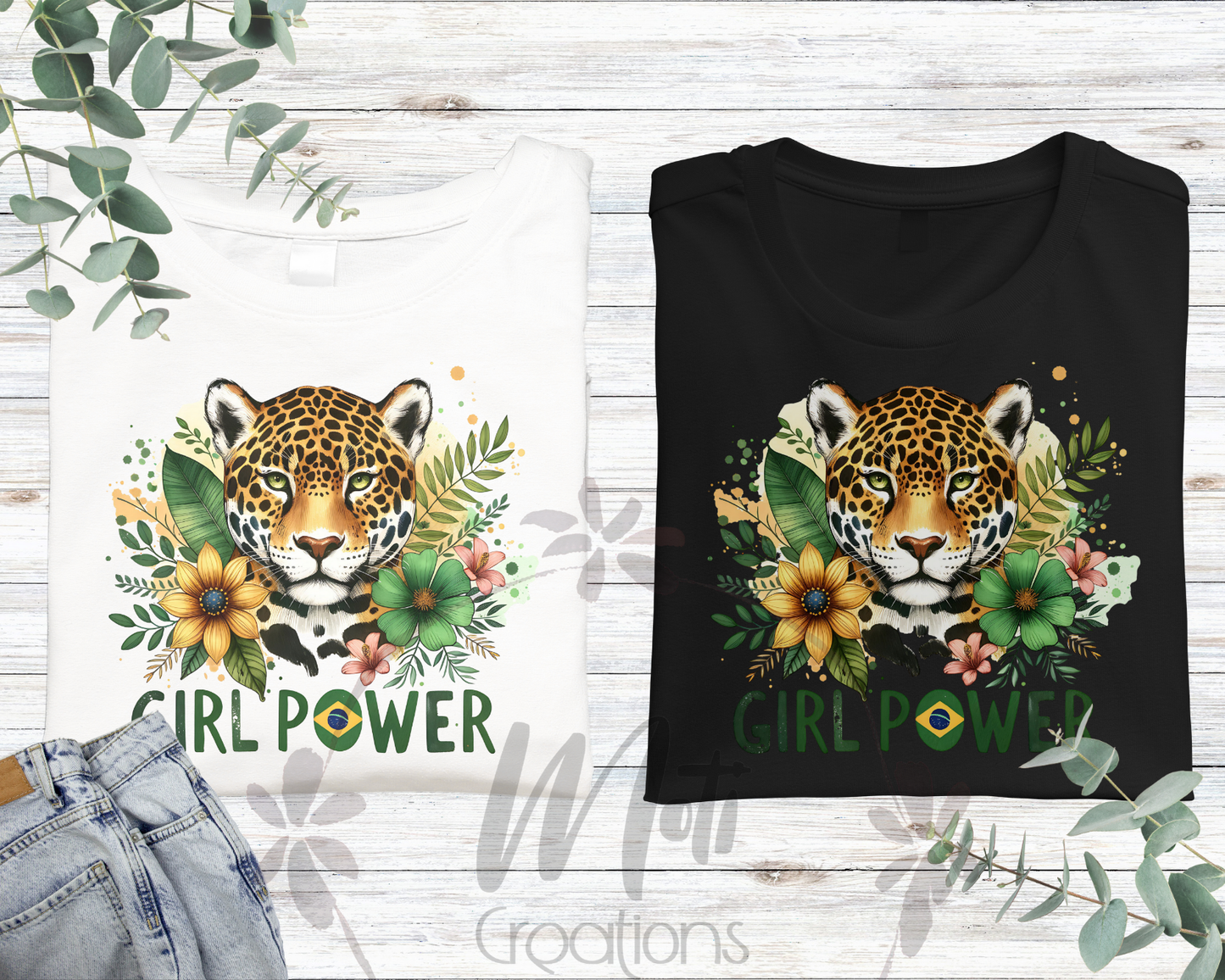 a pair of t - shirts featuring a leopard and flowers