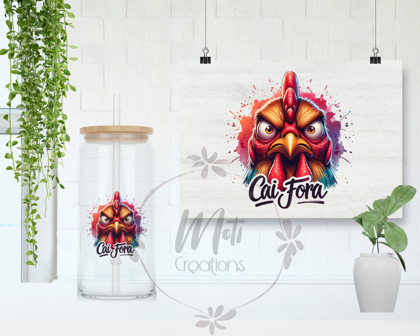 a white wall with a picture of a chicken and a jar of crayons