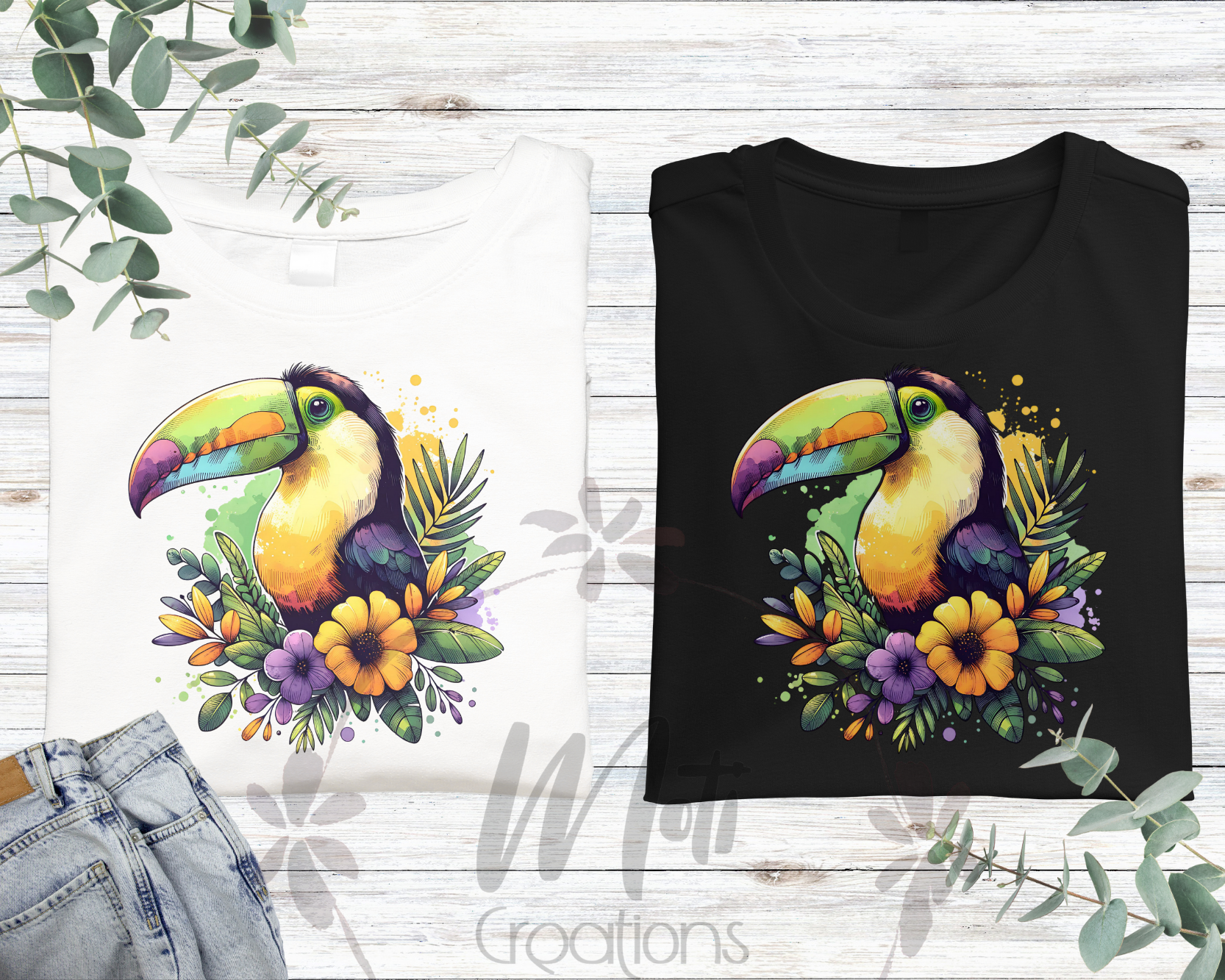 a pair of t - shirts with a toucan on it