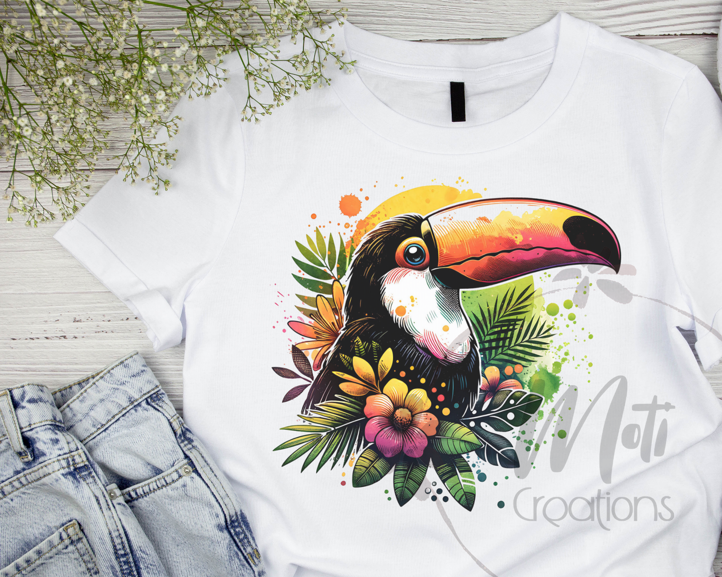 a white shirt with a toucan on it