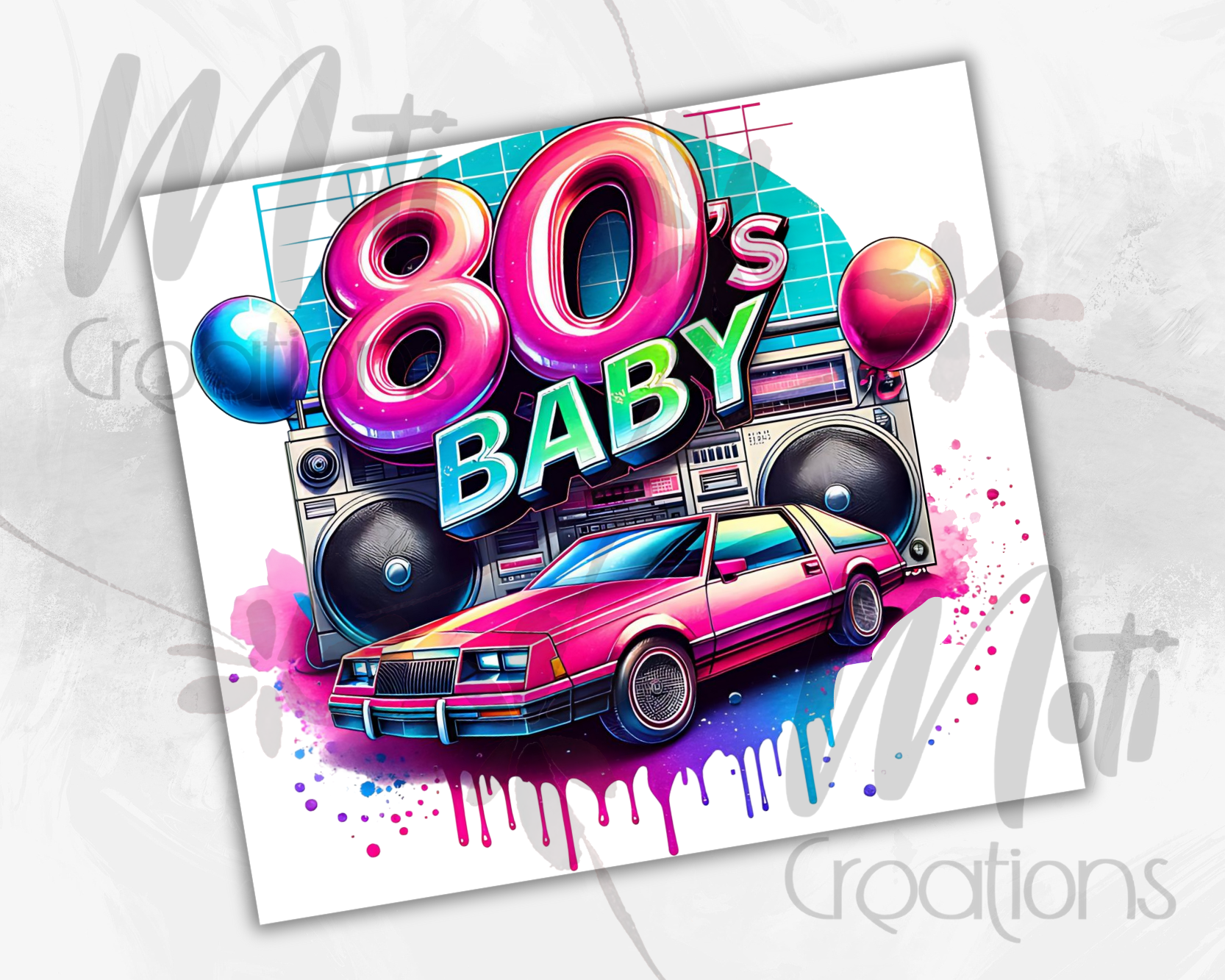 a picture of a car with balloons and a sign that says 80's baby