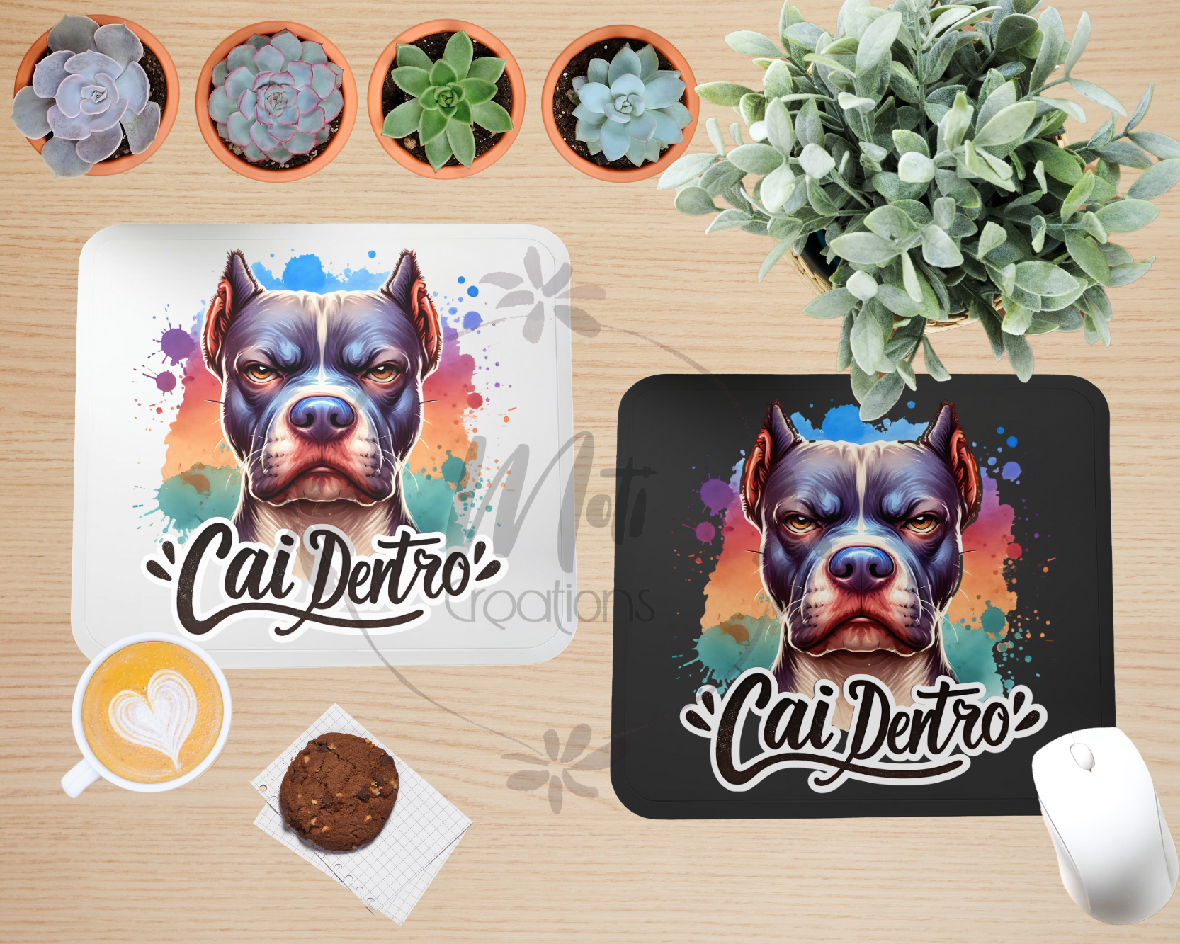 a table topped with two place mats and a potted plant