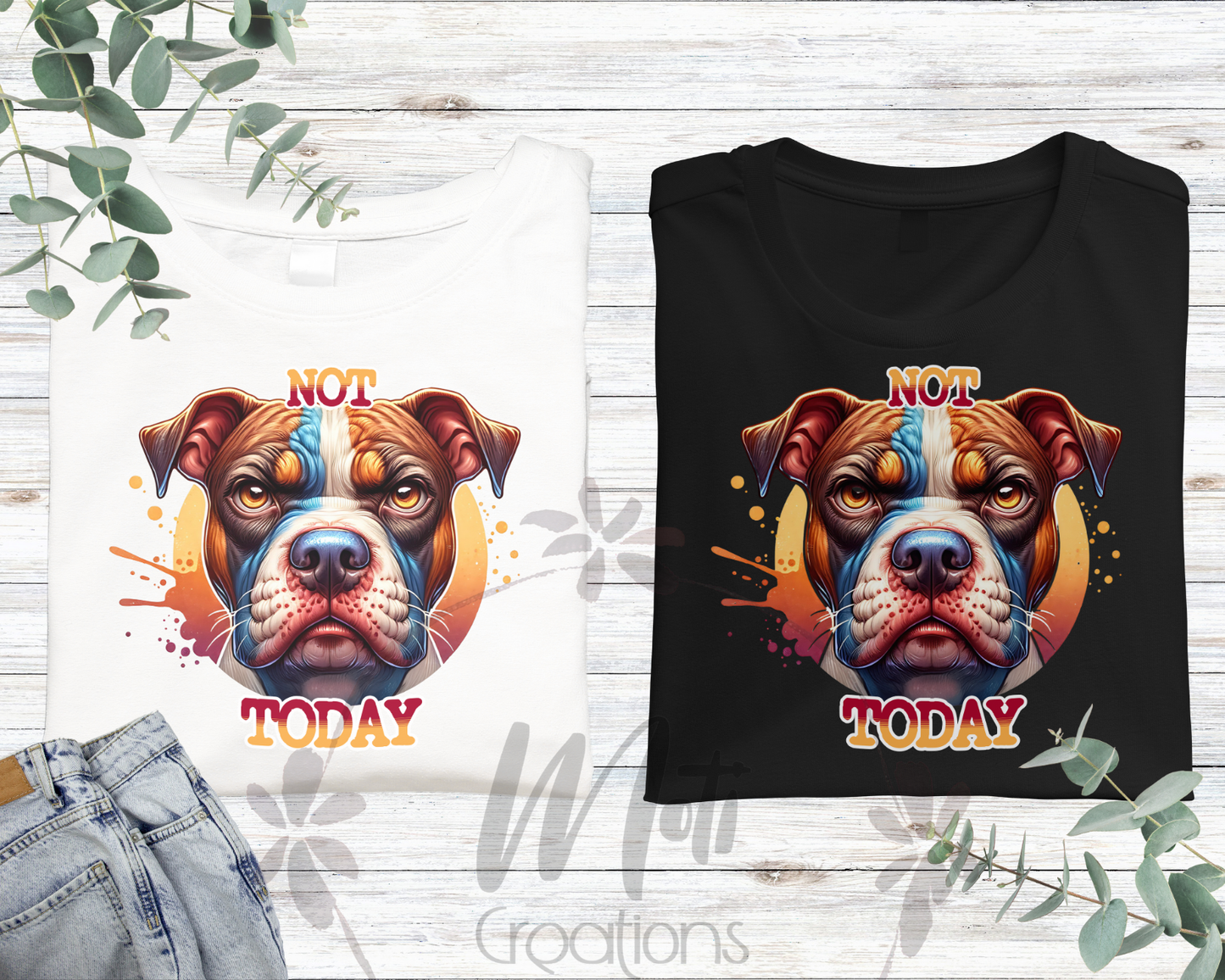 two t - shirts with a dog's face on them