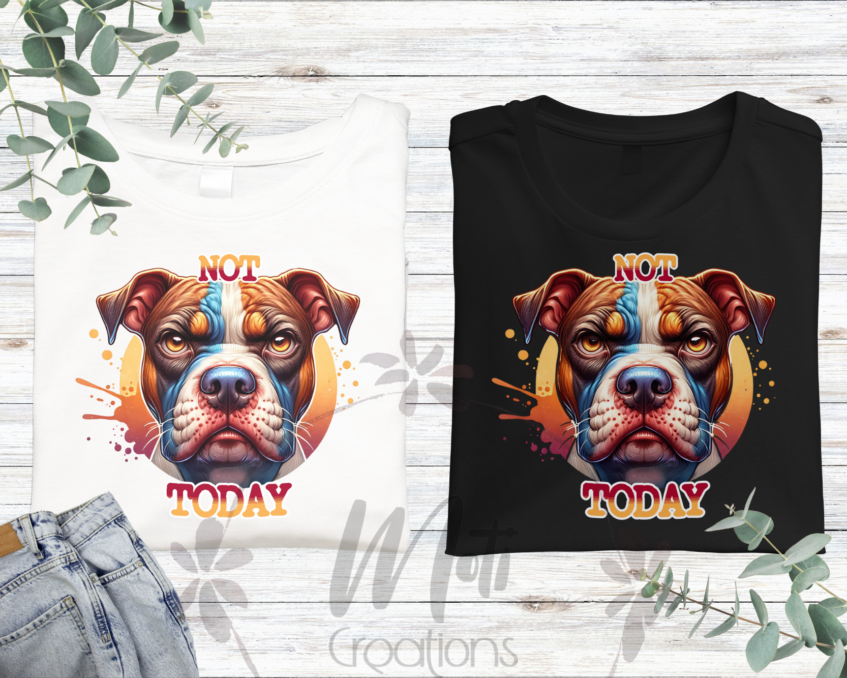 two t - shirts with a dog's face on them