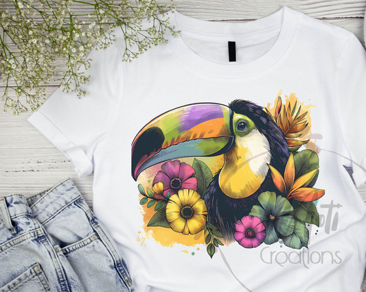 a t - shirt with a toucan and flowers on it