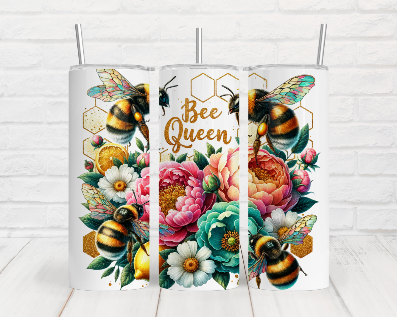 three bees and flowers on a white background