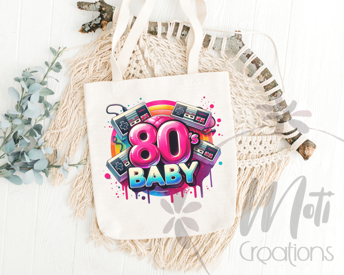 a tote bag with the words 80 baby on it