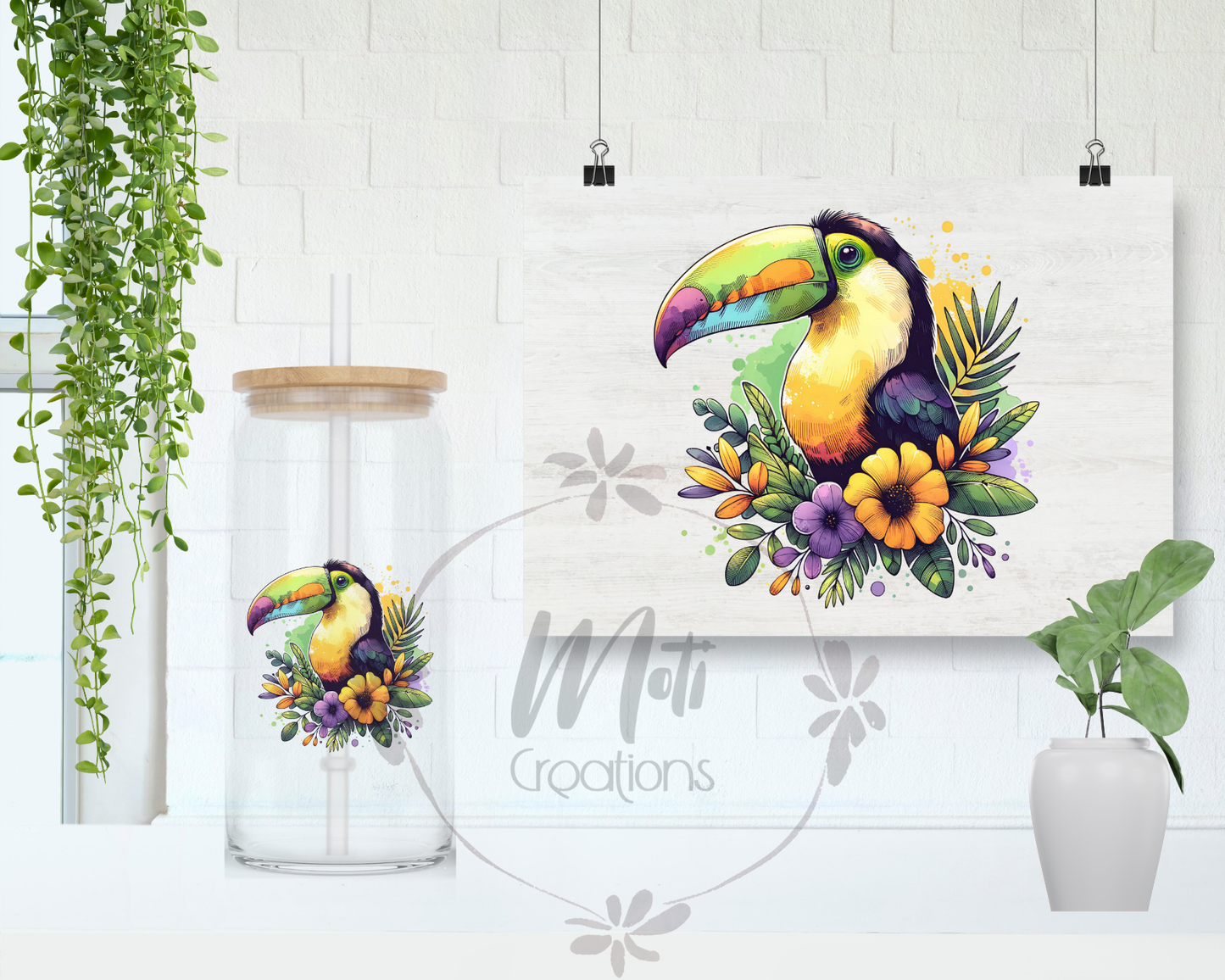 a painting of a toucan with flowers and leaves
