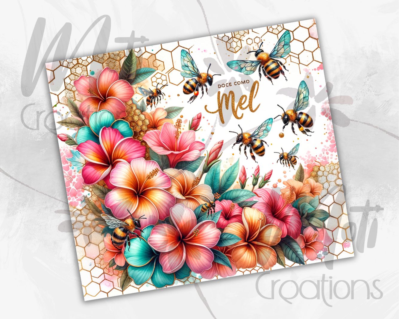 a card with flowers and bees on it