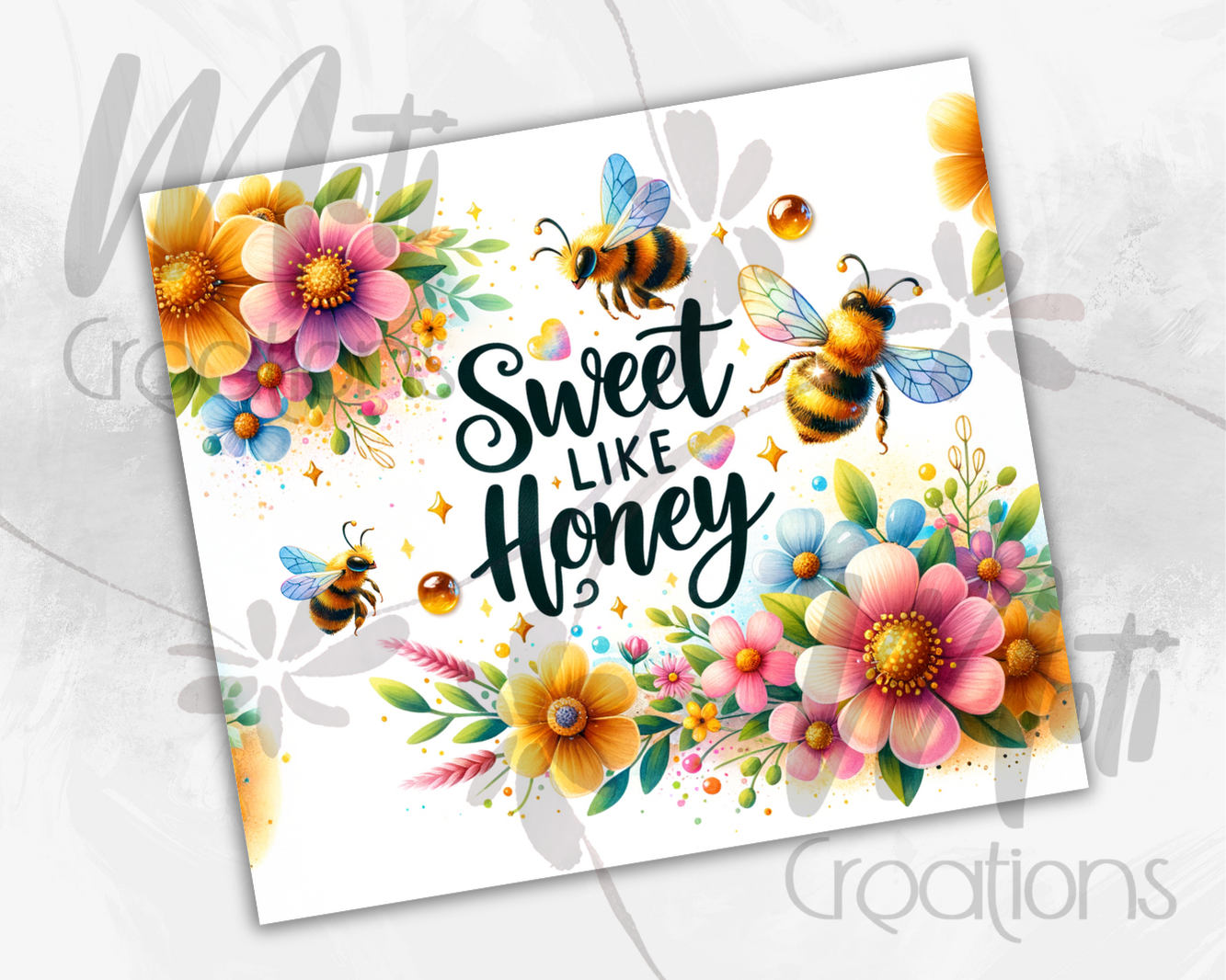 a card with flowers and bees on it