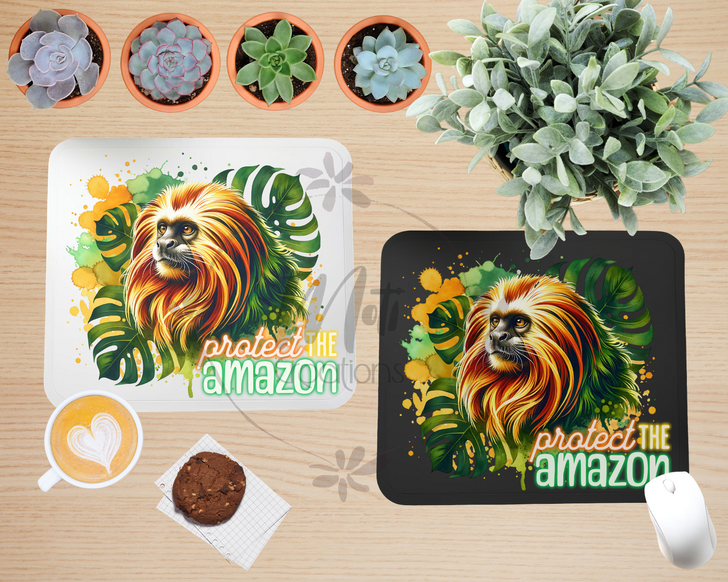 a picture of a lion on a placemat next to a potted plant