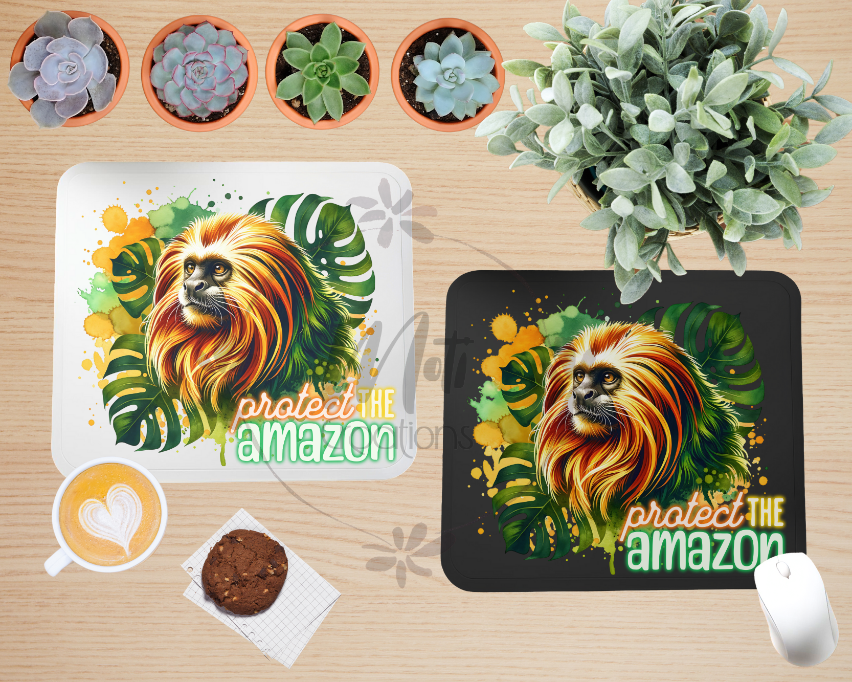 a picture of a lion on a placemat next to a potted plant