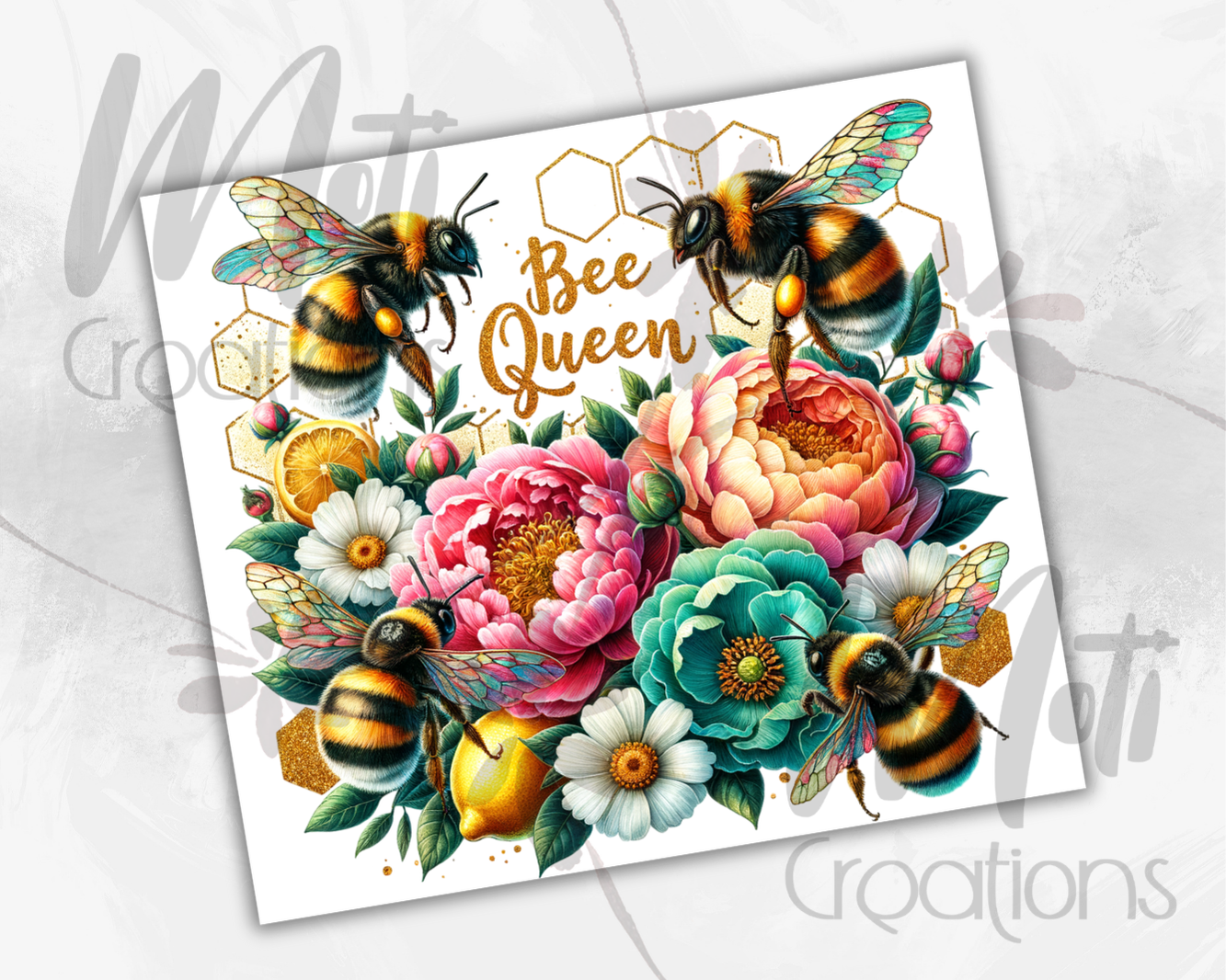 a bee queen card with flowers and bees