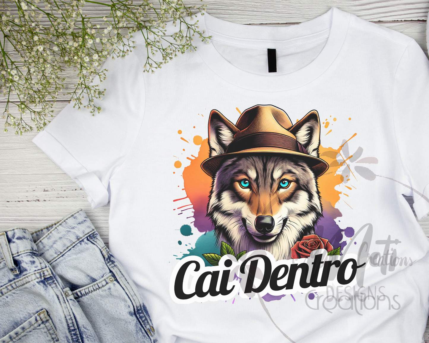 a white shirt with a wolf wearing a hat