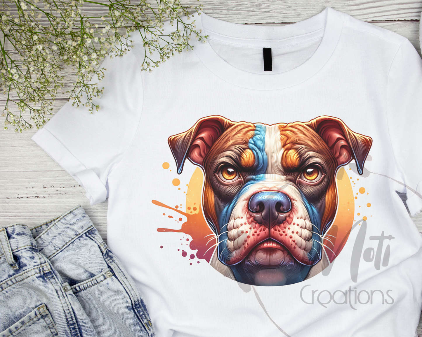 a t - shirt with a dog's face painted on it