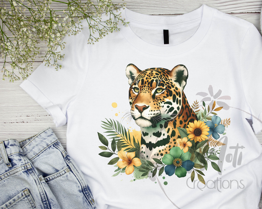 a t - shirt with a picture of a leopard surrounded by flowers