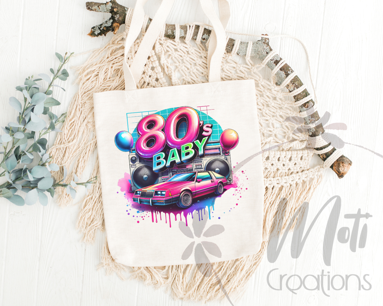 a tote bag with the words 80's baby on it