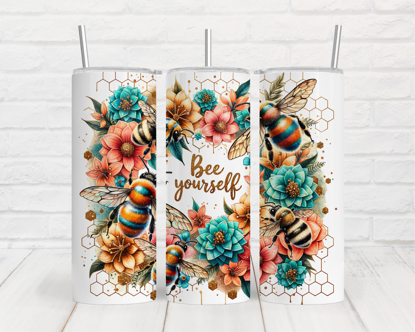 three tumbles with bees and succulents on them