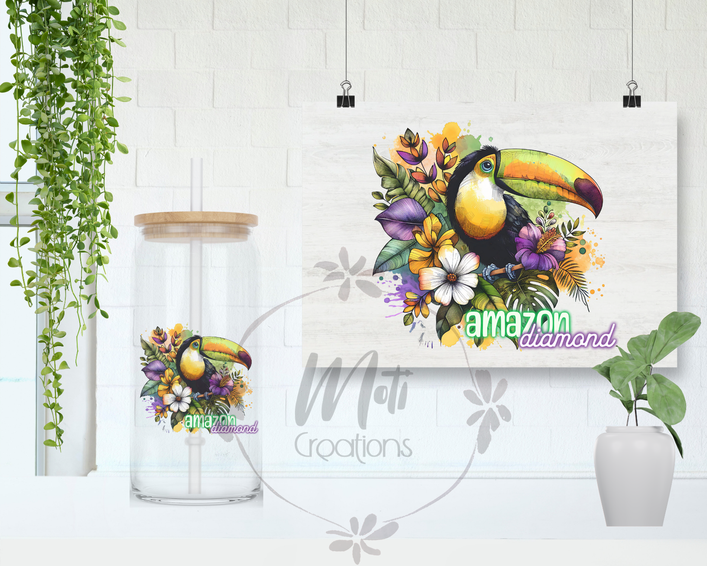 a picture of a toucan with flowers and leaves