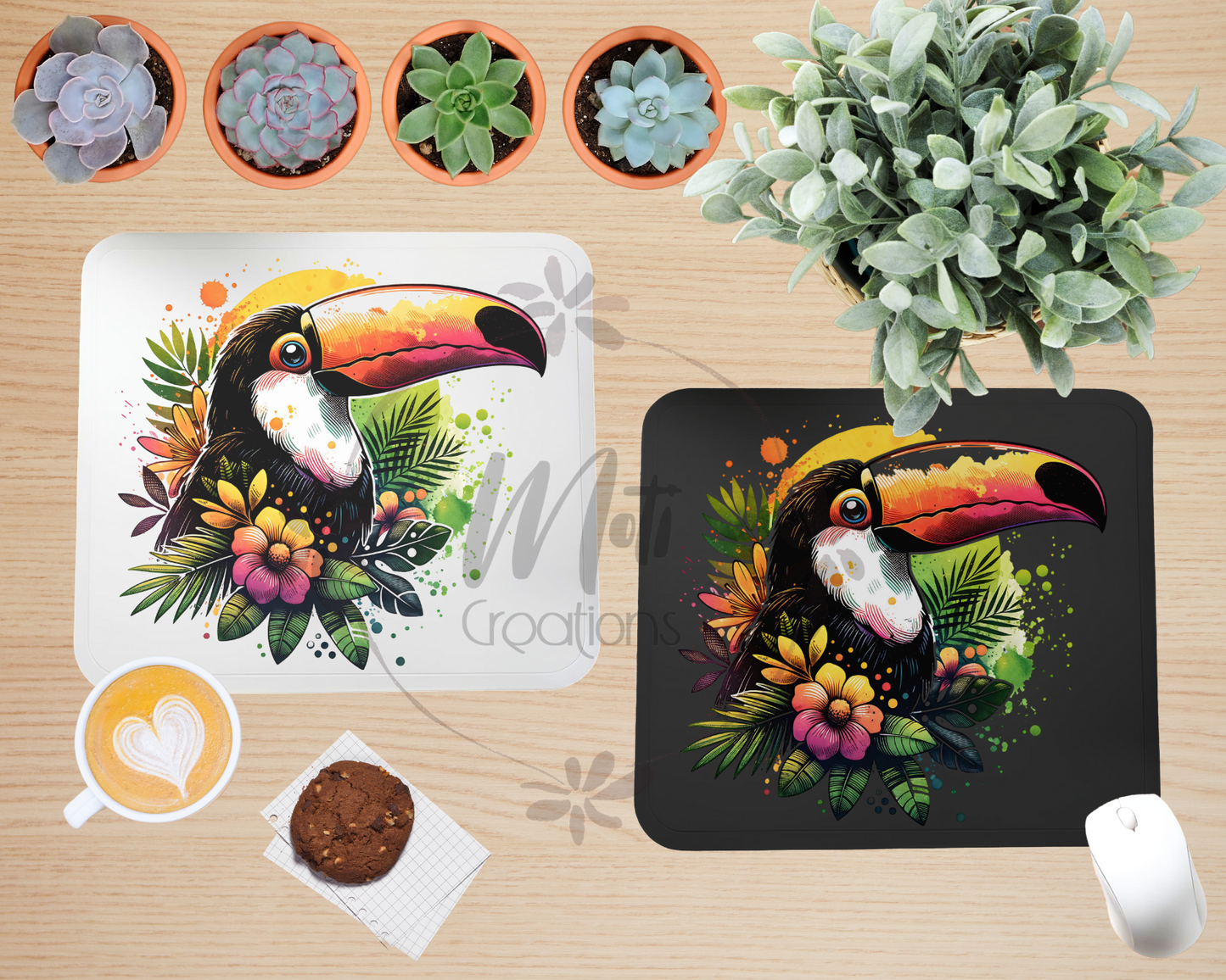a picture of a toucan with flowers and plants