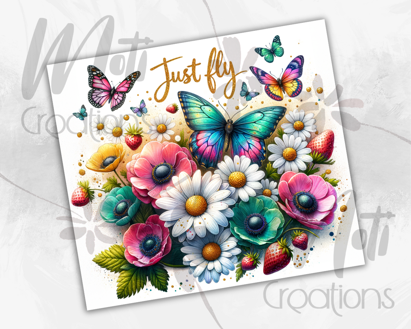 a greeting card with a bouquet of flowers and butterflies
