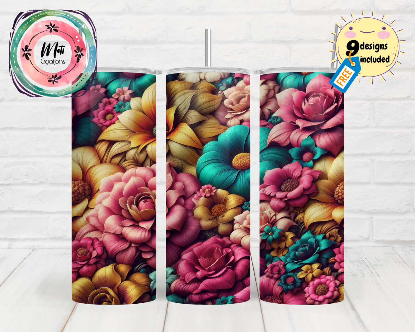 a set of three colorful flower printed travel mugs
