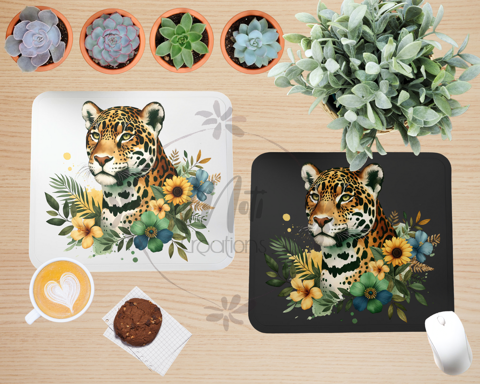 a picture of a tiger on a placemat next to a potted plant