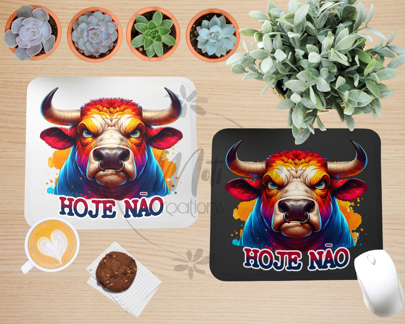 a table with two place mats and a potted plant