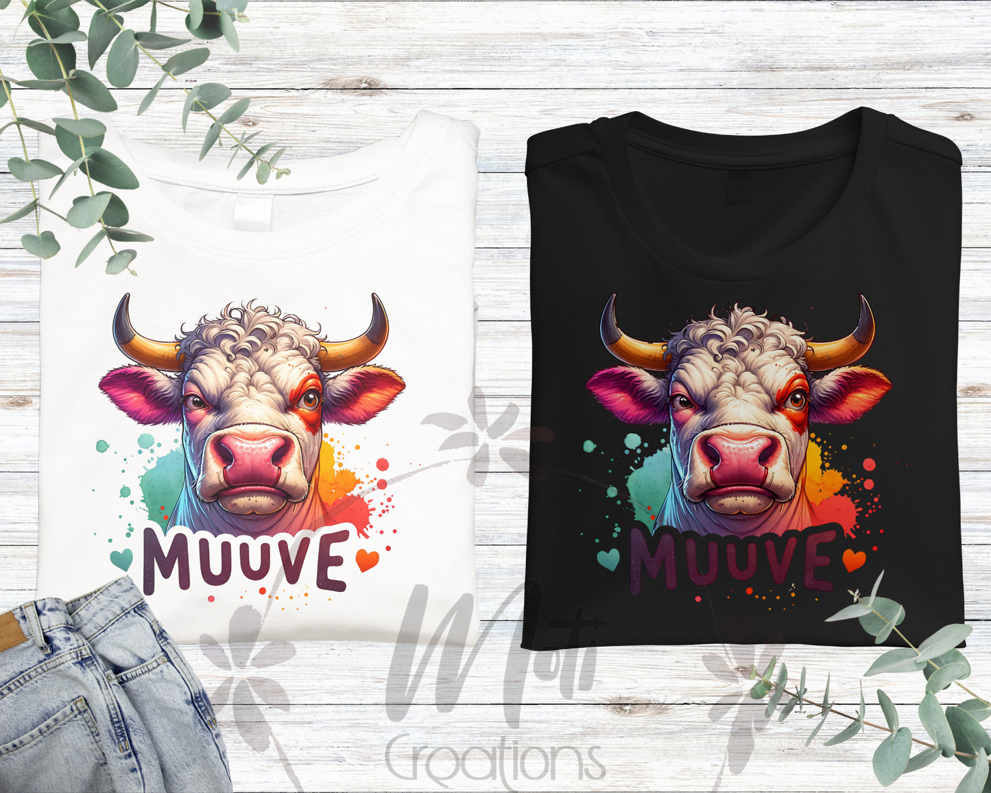 two t - shirts with a cow's head on them