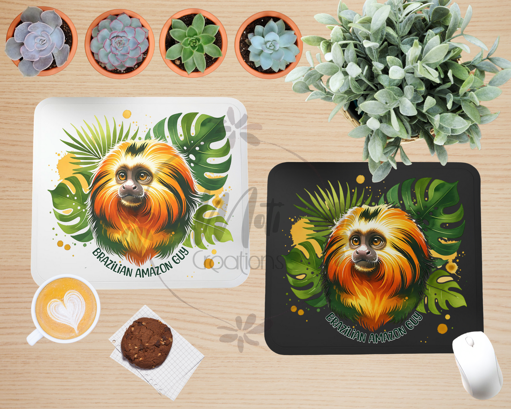 a picture of a monkey on a placemat next to a potted plant