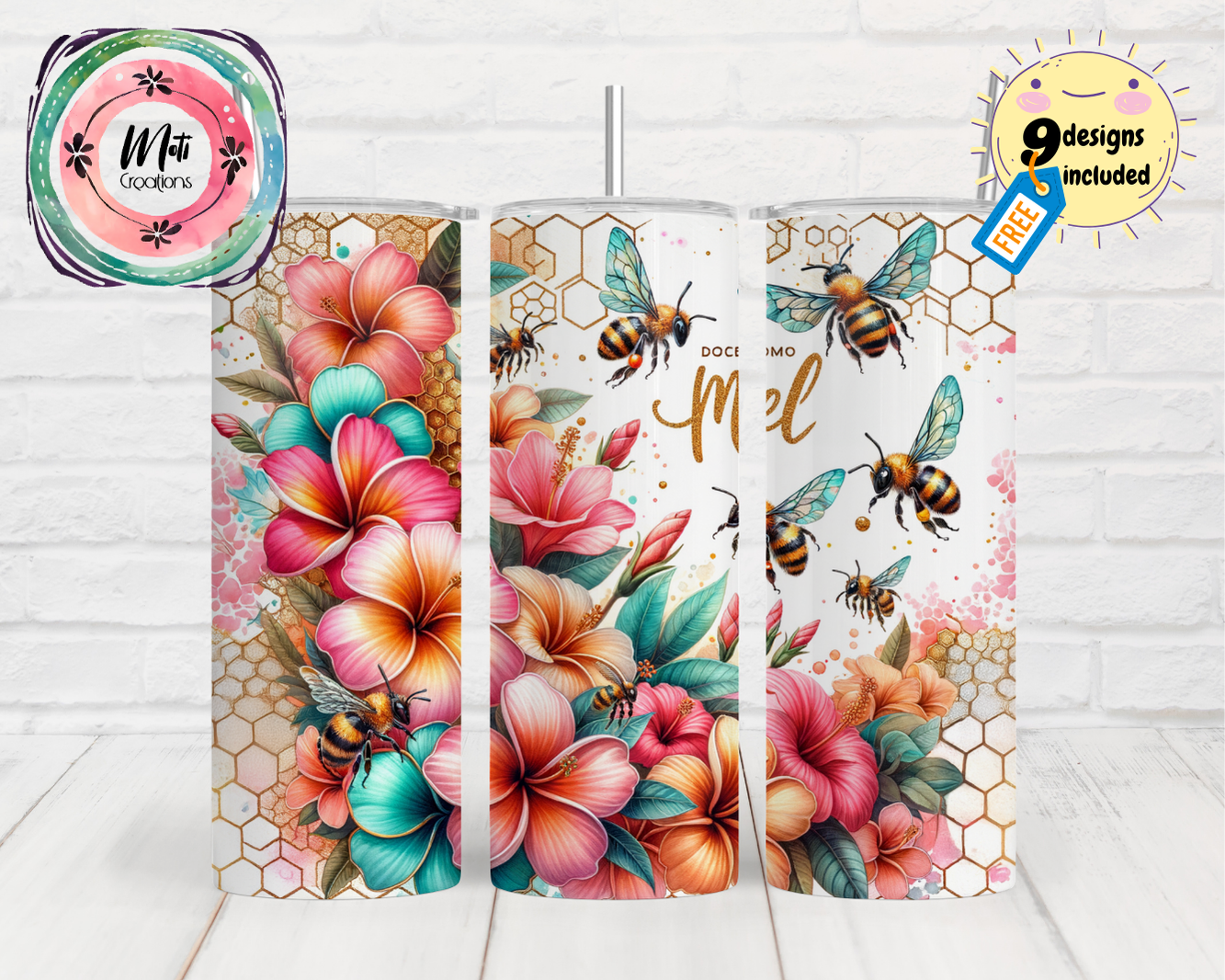 a picture of a flower and a bee on a piece of luggage