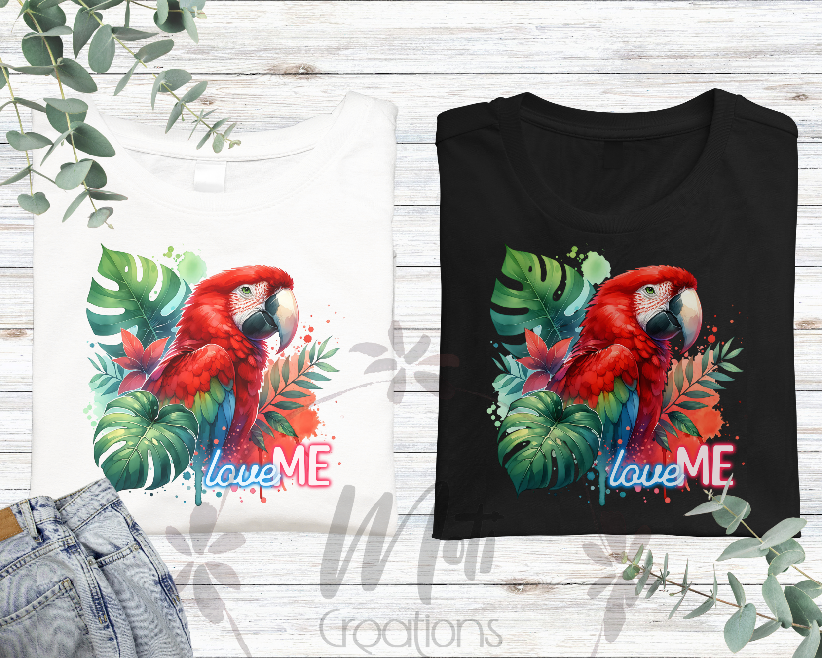 a pair of t - shirts with a parrot on them
