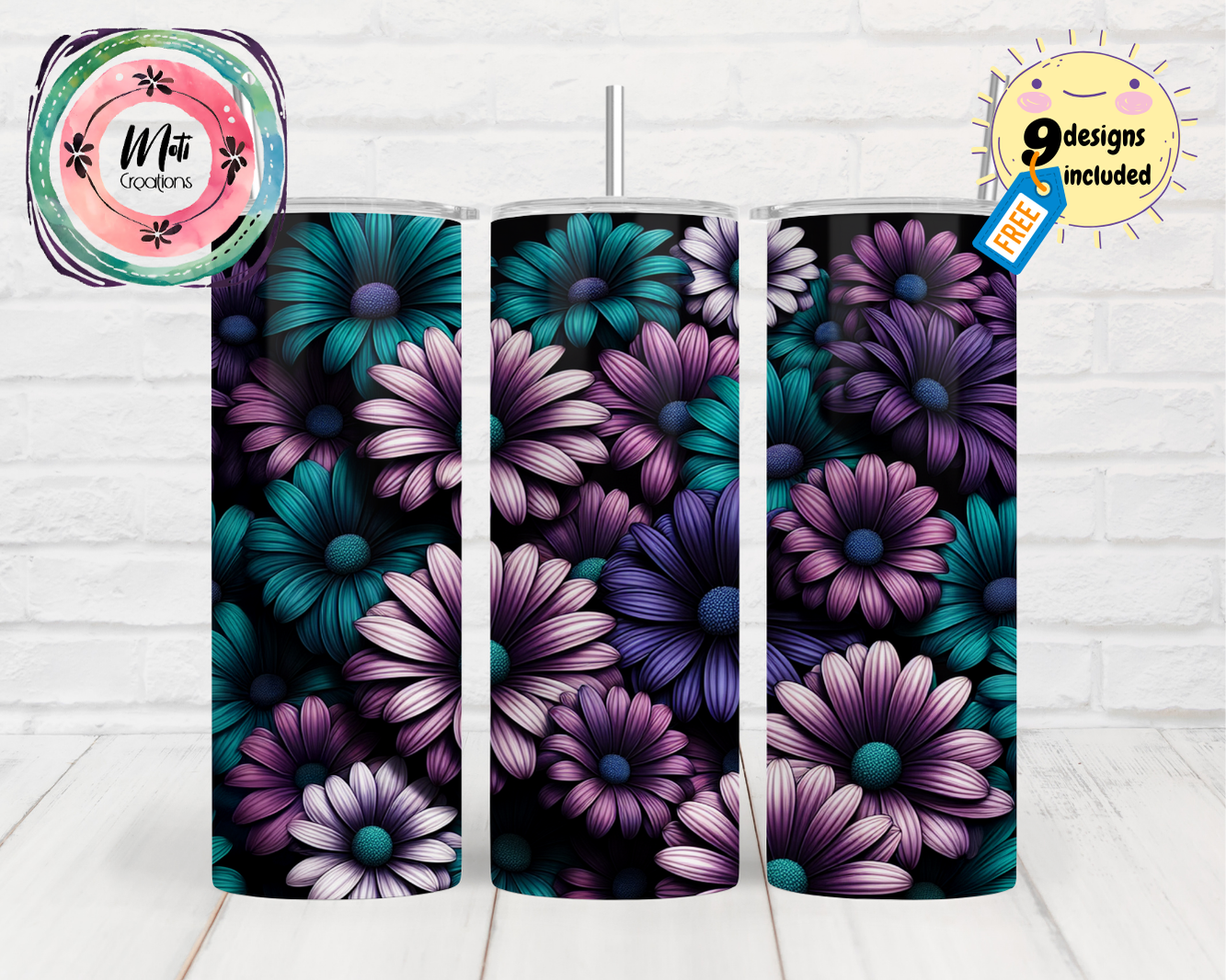 a set of three purple and blue flowers on a black background