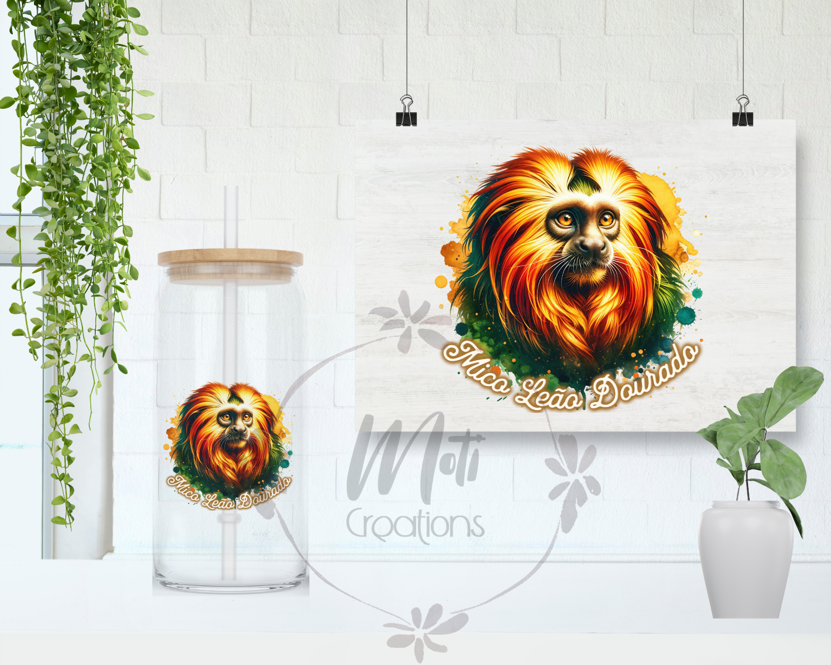 a picture of a dog on a wall next to a plant