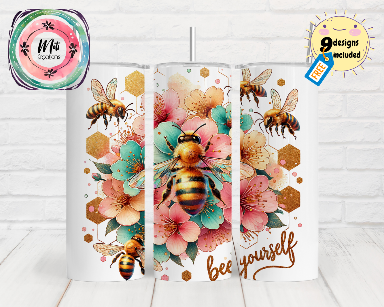 a set of three tumbles with bees and flowers on them