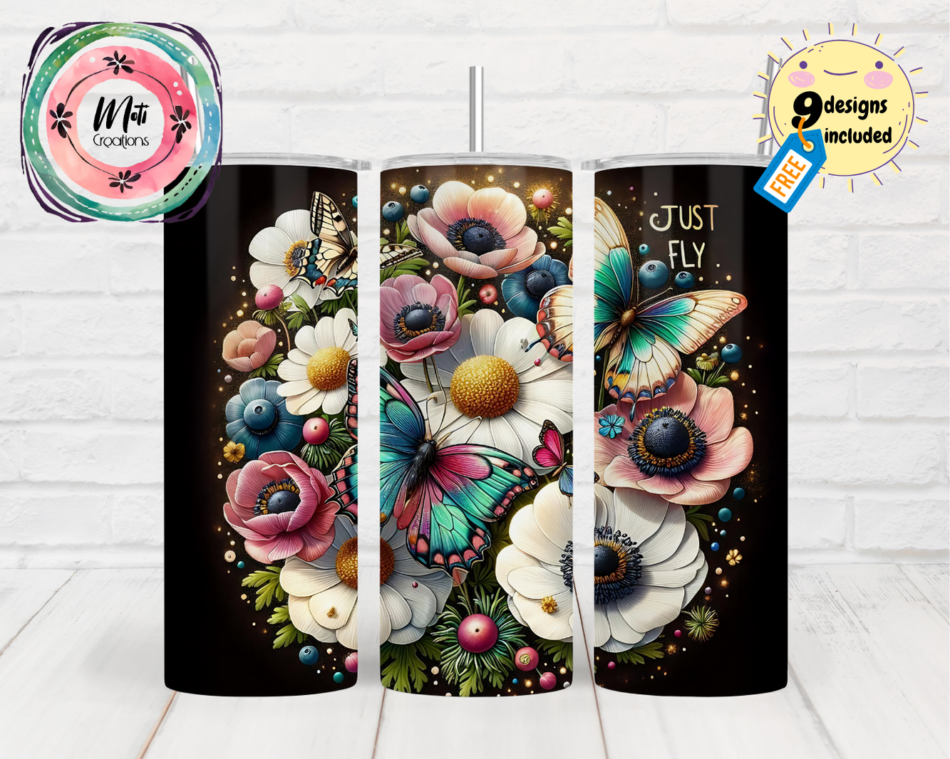 a set of three travel mugs with flowers and butterflies on them