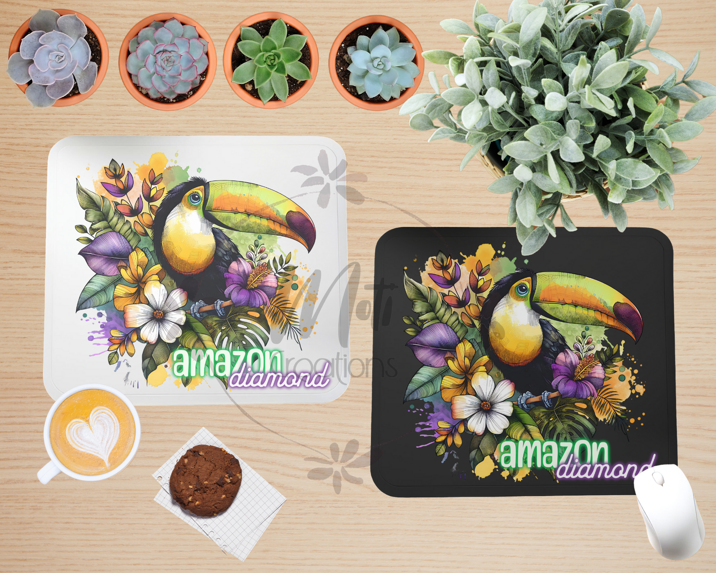 two place mats with a toucan and flowers on them