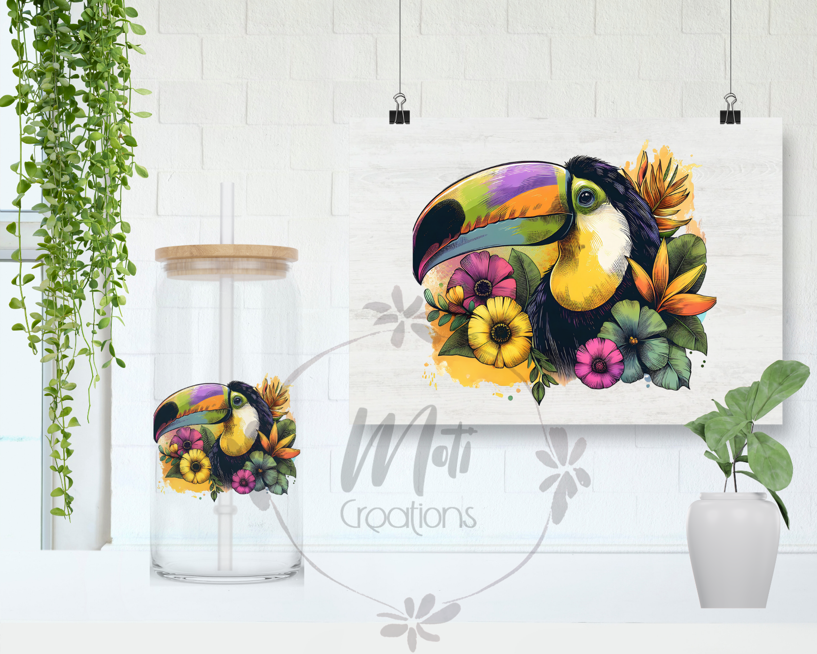 a painting of a toucan surrounded by flowers